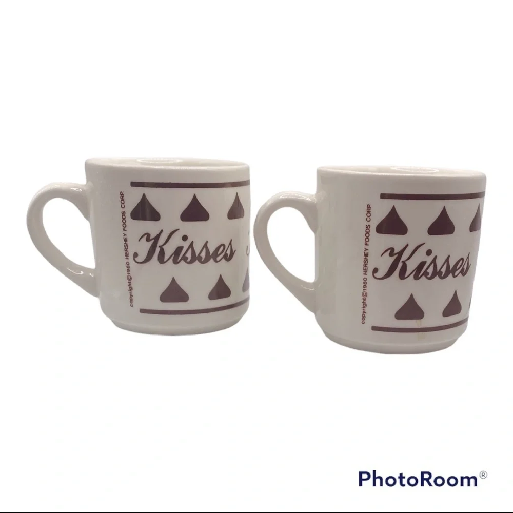 VINTAGE Hersheys Kisses Coffee Cups White Porcelain Glass & Brown Kisses